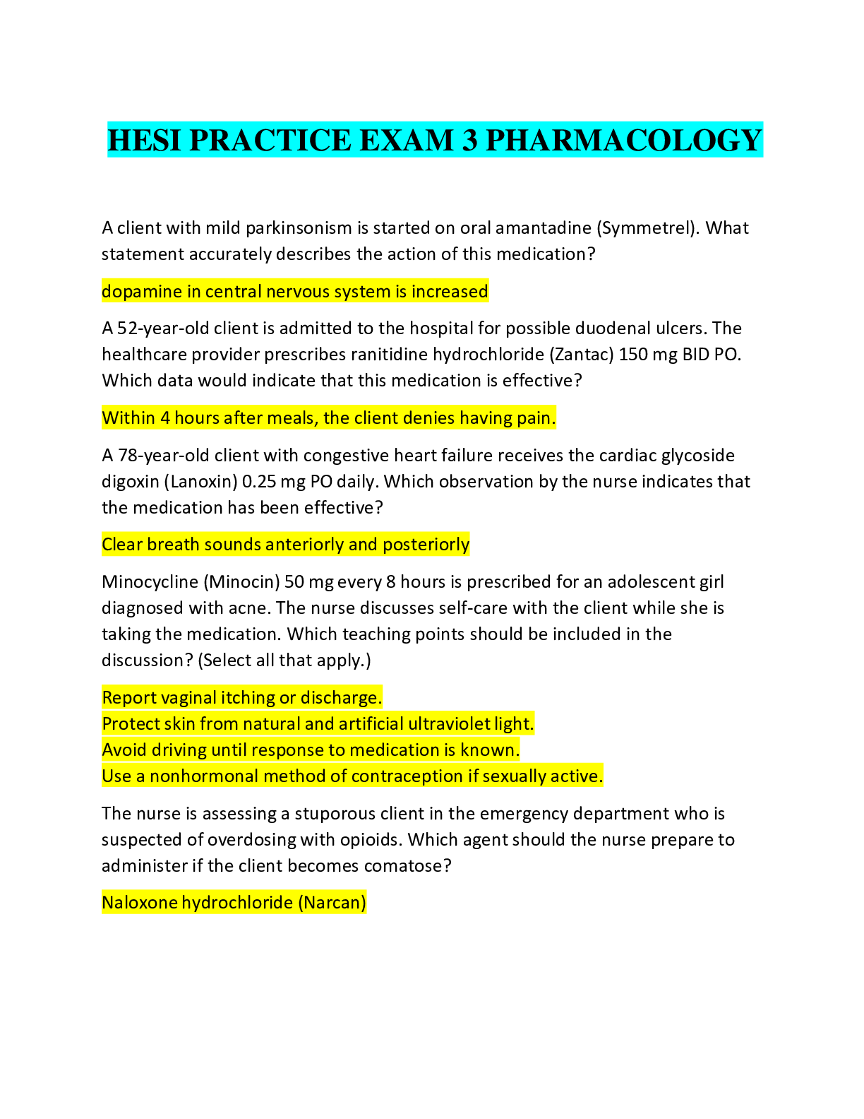 Preview image for HESI PRACTICE EXAM 3 PHARMACOLOGY, All correct answers graded A
